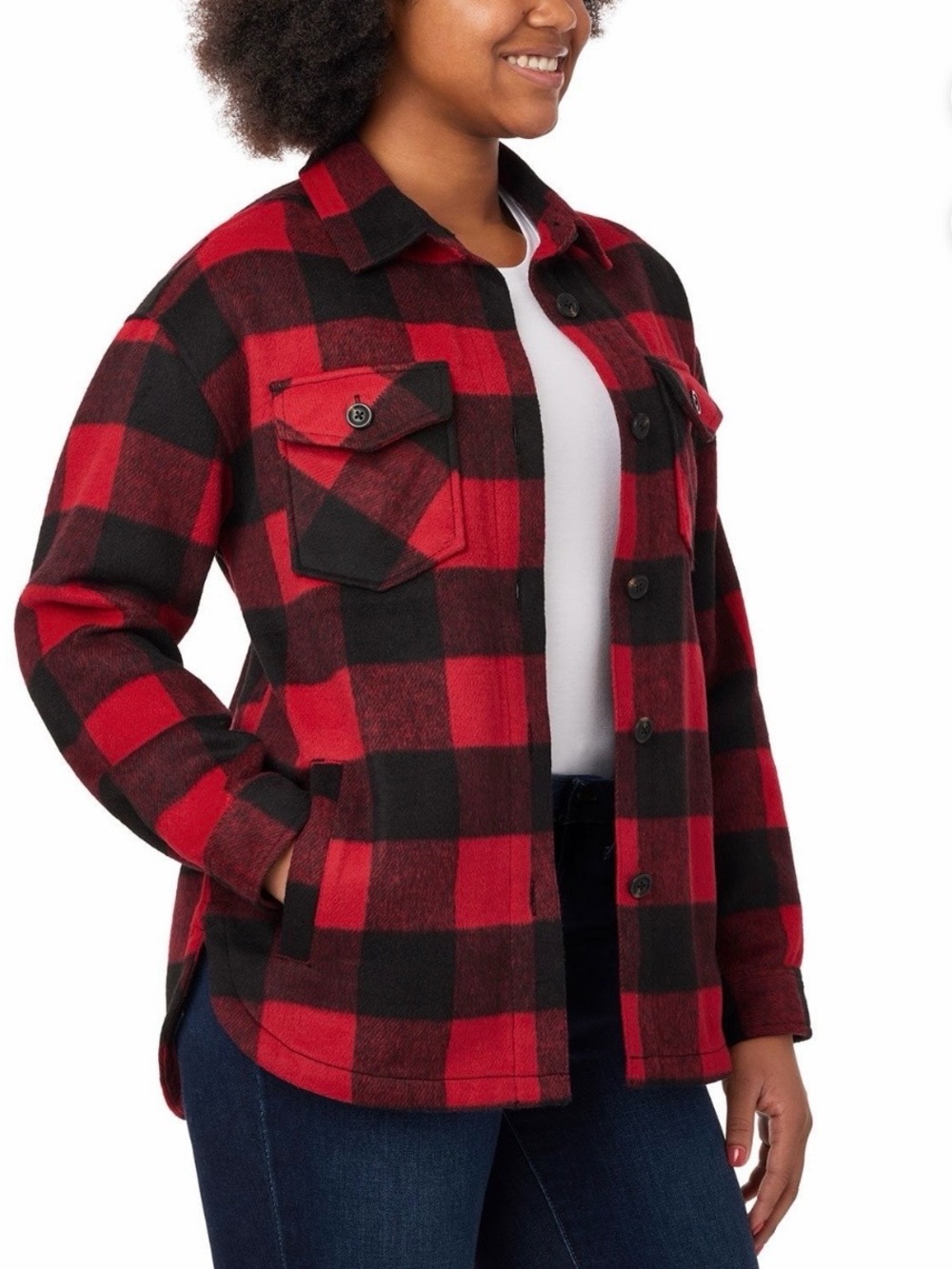 Women’s Red & Black Plaid Utility Shacket with Chest Pockets & Side Pockets